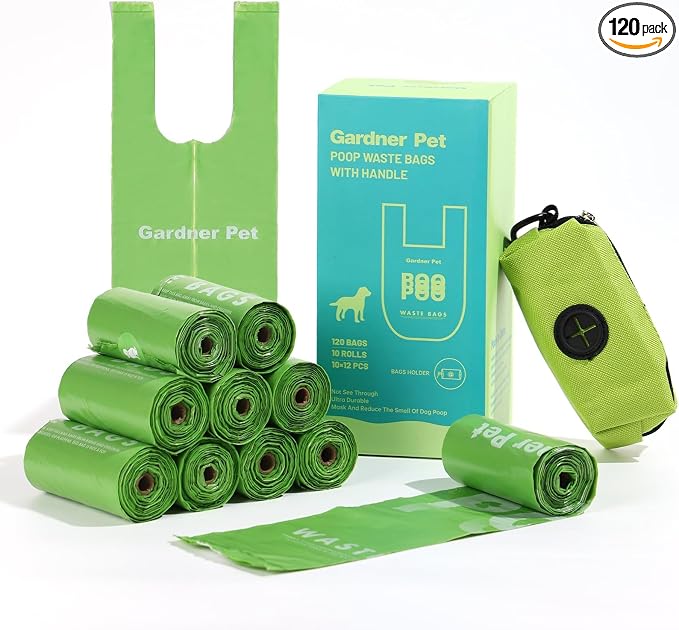 Dog Poop Bags with Handles 10 Rolls, 120 Counts Pine Scented Dog Waste Bags with Dispenser, Leak Proof and Extra Thick, Easy-Tie Pet Poop Bags with Holder for Dogs, Puppies, Cats, Kitten
