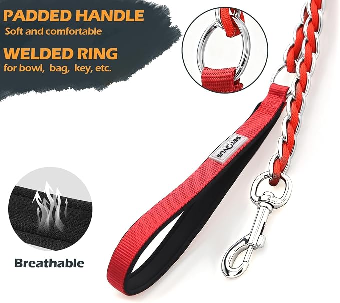 S-ETOVUS-Chain Dog Leash, Bite-Proof Metal Leash, with Padded Handle | Three Sizes 7.25FT/5.2FT/4FT, Woven From Nylon Rope And Chain, Durable And Bite-Resistant, Comfortable With Padded Handles