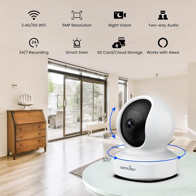 wansview Indoor/Baby/Pet Camera with Phone App, 5G&2.4G Wi-Fi, Q5 5MP White | UHD Security Camera Indoor for Monitoring Home/Baby/Cat/Dog/nanny, 2 Way Audio, 24/7 TF Card Storage(TF Card Not Included)
