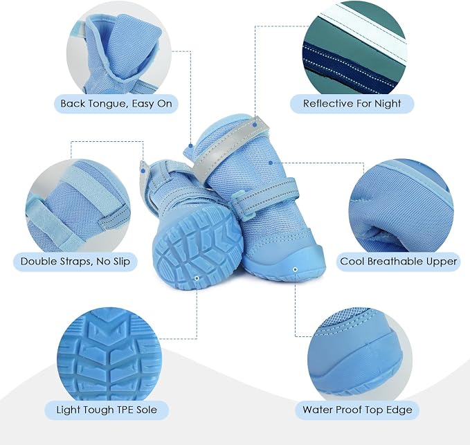 Breathable Hot Pavement Dog Shoes for Small & Medium Dogs(Blue, 4# | Adjustable Double Strap and Non-Slip Dog Boots Paw Protectors for Walking Running Hiking, Soft Comfortable Safe Easy to Wear
