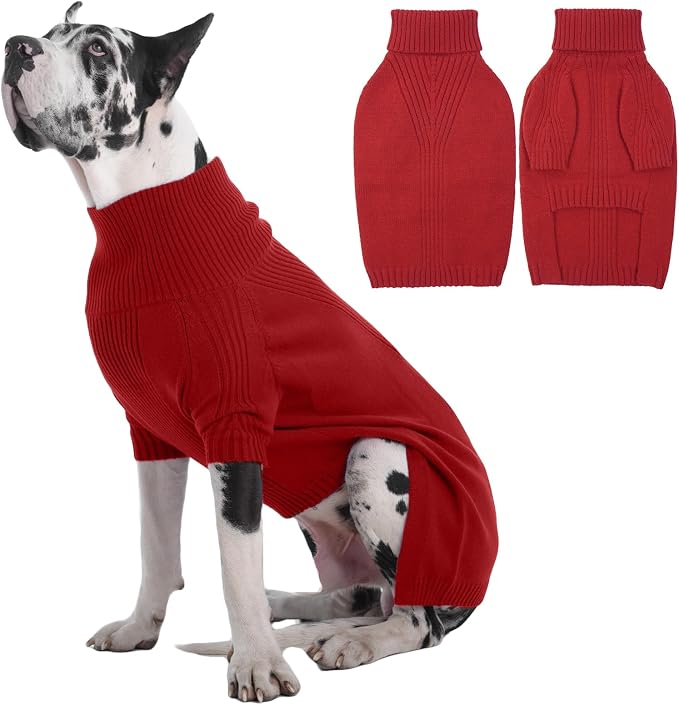 IECOii Great Dane Sweater,5XL Extra Large Sweater for Giant Breed Dogs in Winter,Turtleneck Cold Weather Knit Clothes,Machine Washable,Elastic Pullover for Saint Bernard,Mastiff (Red,XXXXXL)
