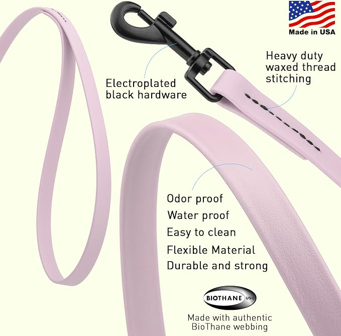 Dogline Biothane Waterproof Dog Leash Strong Coated Nylon Webbing with Black Hardware Odor-Proof Easy to Clean High Performance for Small or Large Dogs Made in USA 2 ft Lead, Pastel Purple