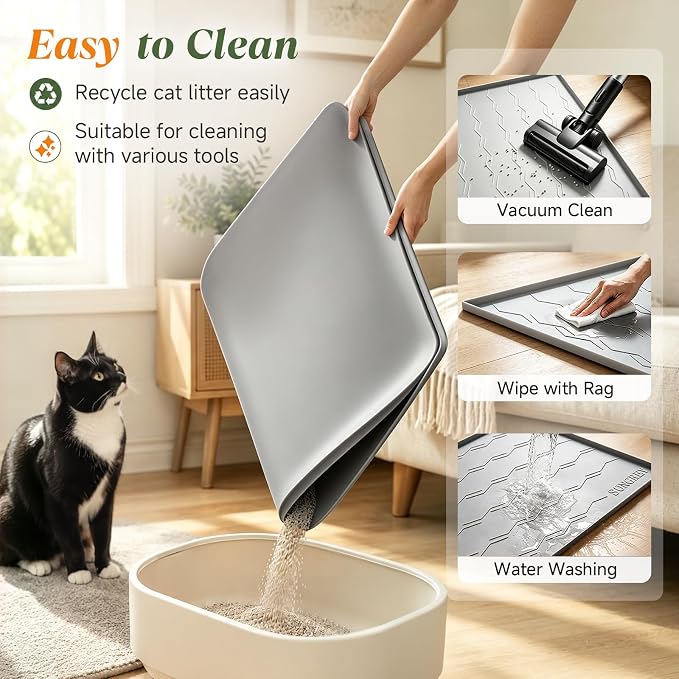 Songrey Silicone Cat Litter Mat 24" x 16", Large Litter Trapping Mat, Gray | Waterproof, Urine-Proof Litter Box Mat for Floor, Soft on Kitty Paws, Easy To Clean, Cat Supplies, Pet Feeding Mat