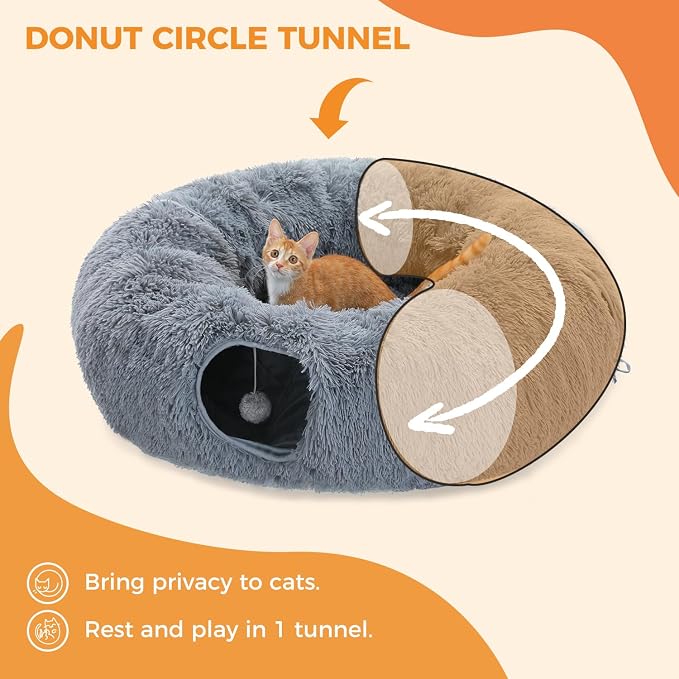 PAWZ Road Cat Tunnel Bed,Collapsible Cat Donut Tunnel with Soft Mat & Balls | 2 tunnels + soft mat form circle, with peephole & dangling balls. Plush, collapsible, Stores Easy. For small & large cats