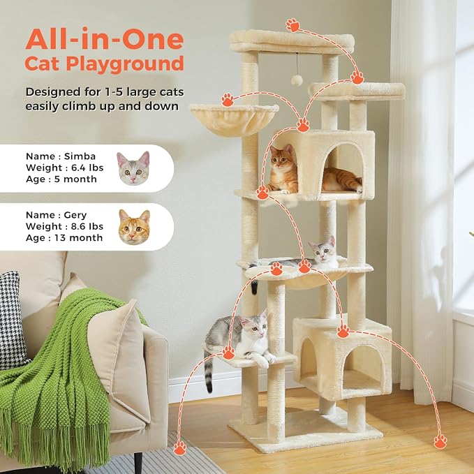69" Tall Cat Tree for Indoor Cats Large Adult, Multi-Level Cat Tower | Multi-Level Cat Tree with Scratching Posts, Soft Padded Perch, 2 Dangling Toys