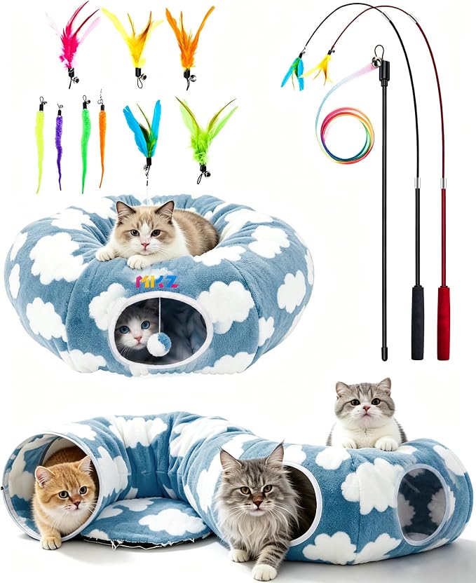Cat Tunnel Bed with Toys – Large Collapsible Play Tube (Blue) | Soft Tube for Indoor Kittens & Adult Cats – Perfect for Hide & Seek, Pouncing, and Cozy Napping, Space-Saving & Foldable
