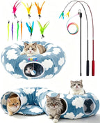 Cat Tunnel Bed with Toys – Large Collapsible Play Tube (Blue) | Soft Tube for Indoor Kittens & Adult Cats – Perfect for Hide & Seek, Pouncing, and Cozy Napping, Space-Saving & Foldable