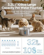 Cat Water Fountain Stainless Steel 3.2L/108oz, Invengo Automatic Pet Fountain for Cats & Dogs, Ultra Quiet <25 dB Pump, Includes 4 Replacement Filters & Sponges, LED Water Level Window, Easy to Clean