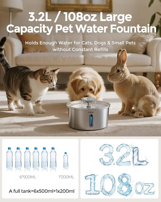 Cat Water Fountain Stainless Steel 3.2L/108oz, Invengo Automatic Pet Fountain for Cats & Dogs, Ultra Quiet <25 dB Pump, Includes 6 Replacement Filters & Sponges, LED Water Level Window, Easy to Clean