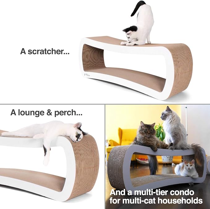 PetFusion Jumbo Cat Scratcher Lounge, White. 39 x 11 x 14 inch 4 Cardboard Scratching Surfaces and 2 Levels, Scratch, Play, Perch, and Hide100% Recyclable Cardboard Cat Lounge