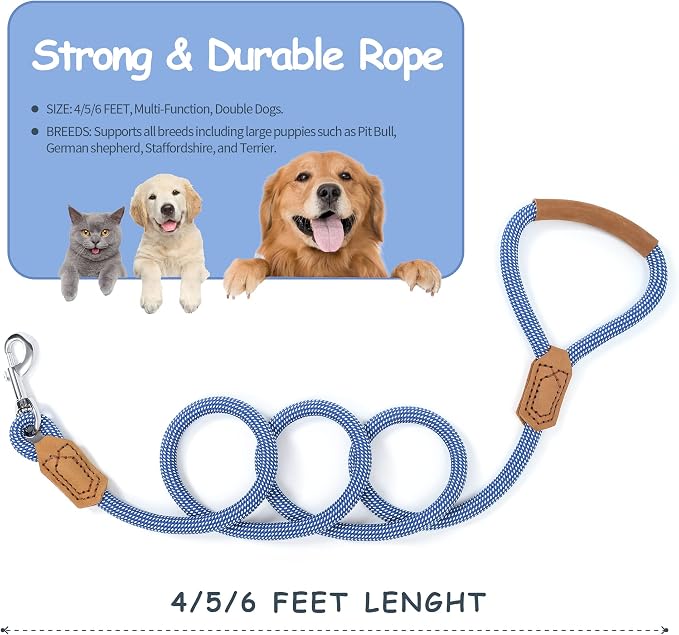 Mile High Life Dog Leash with Genuine Leather Handle, 6 FT/5 FT/4 FT | Leather Grip Rope Leash, Heavy Duty 360° Swivel Metal Clasp, for Small Medium & Large Dogs