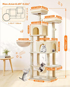 Taoqimiao Cat Tree, 66.2 in Tall Cat Tower with 2 Plush Cat Condos | 7 Scratching Posts, 2 Top Perches, Cozy Hammock & Basket, Indoor Cats, 2 Pompoms & Mouse Toy, Beige, MS013M