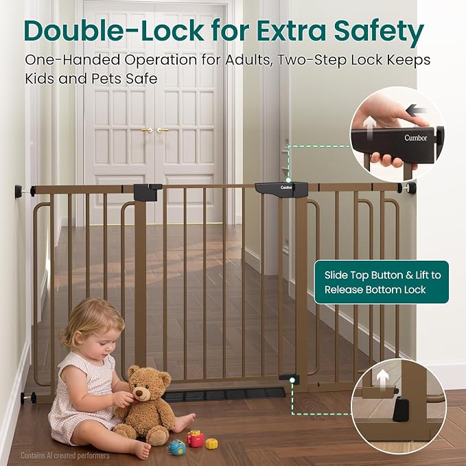 Cumbor 30.4-56.8" Extra Wide Baby Gate, Auto Close Dual Lock Dog Gate Brown | Easy Install Pressure Mounted Pet Gate for Doorways & Wide Openings, Easy Walk Thru Safety Proofing for Babies & Large Dogs