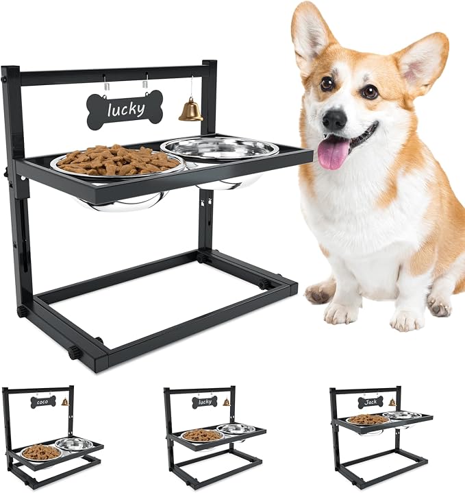 SHAINFUN Elevated Dog Bowls for Medium Dogs and Cats - Raised Cat or Dog Bowl Stand with Adjustable Height and Two Stainless Steel Food Bowls - Ideal for Medium and Small Dogs and Cats