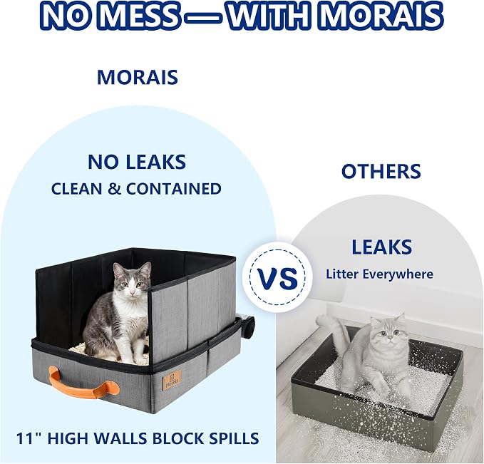 MORAIS Portable Travel Litter Box for Cats, 17.7"×13.5"×11" Collapsible Cat Litter Box with Lid, Leak-Proof Cat Litter Pan for Car Hotel Airplane, Waterproof & Easy to Carry- Gray