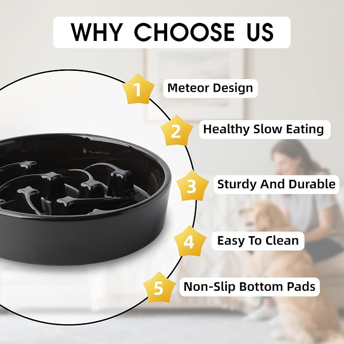 Ceramic Slow Feeder Dog Bowls Large Breed, 2 Cups, 8.3 Inch Black | 2 cups raised maze bowl slows fast eating for medium and large dogs; heavy ceramic, non-slip and dishwasher safe.