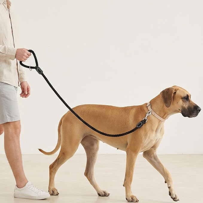Mile High Life Dog Leash Braided Cotton Rope w/Leather-Wrapped Ends/Handle | Rust-proof 360° swivel clasp, Heavy-duty for medium/large breeds. Great for weddings, daily walks (4 FT, 1/2", Black)