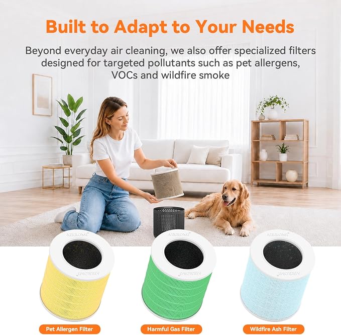 AIRROMI HEPA Air Purifier for Bedroom&Home,Pet Air Purifier for Home Pets,Removes Pet Odor,Cat Litter Smell,Dust,Smoke&Allergies,Quiet Room Air Purifier with Scents,360°Air Cleaner,A2005 Black