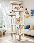 Taoqimiao Heavy-Duty Cat Tree, 71 in Cat Tower for Large Cats 20lbs+ | 3 Giant Multi-Tier Perches, Widened Cat Condo with 9 Scratching Posts, Plush Hammock & Basket, Toys, Beige, MS034M