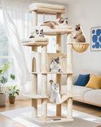 Taoqimiao Heavy-Duty Cat Tree, 71 in Cat Tower for Large Cats 20lbs+ | 3 Giant Multi-Tier Perches, Widened Cat Condo with 9 Scratching Posts, Plush Hammock & Basket, Toys, Beige, MS034M