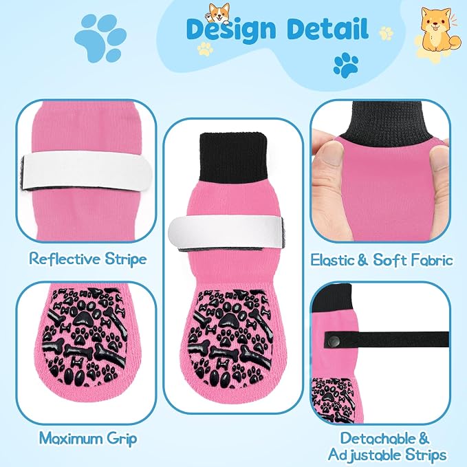 Dog Socks to Prevent Licking Paws, Anti Slip Dog Boots & Paw Protectors for Hardwood Floors, Toe Grips for Small Medium Large Senior Dogs, Dog Shoes for Hot/Cold Pavement(Pink Bone,XS)