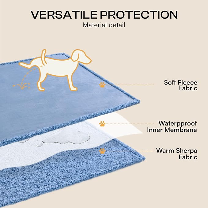 Luciphia Waterproof Blanket for Large Dog, Reversible Sherpa Couch Cover | waterproof pet blanket sherpa fleece reversible couch cover bed protector car from spills scratches, Blue 65" x 57"