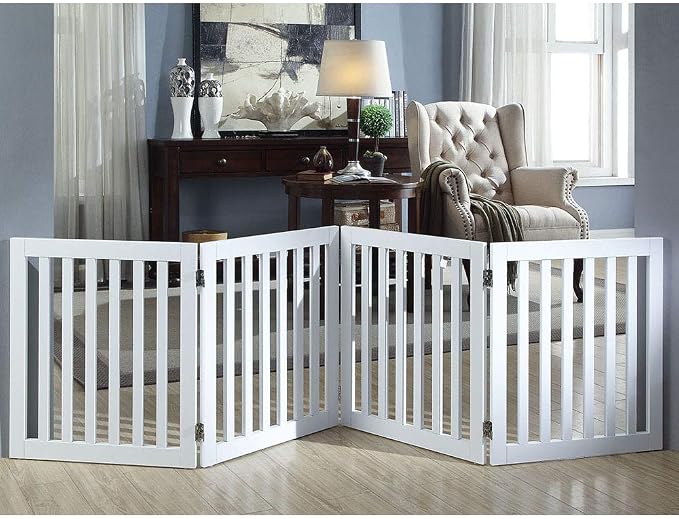 unipaws 24”H Free Standing Pet Gate for Dog Cat, 80”Wide Wooden Dog Gates | Foldable Pet Fence for Doorway, Stairs, Step, Expandable Doggy Barrier, Indoor Use, White