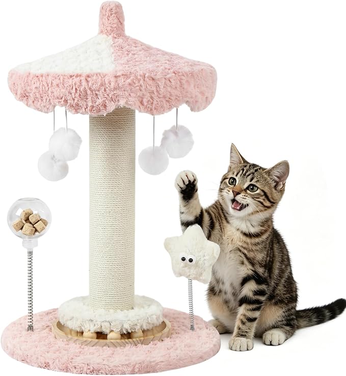 Kitten Scratching Post, Cute Pink Cat Scratcher Sisal | Rotating Canopy, Hanging Balls, Ball Track, Star-Shaped Talking Toy, Snack Balls, 24'', for Indoor for Kittens Adults Cats