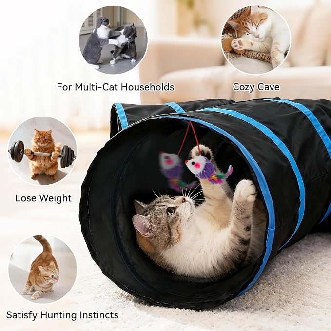 Joytale Cat Tunnel for Multiple Cats, 5-Way Indoor Tube Toy to Chase & Hide | Bell ball & Toy Mouse Included; Peekaboo Hole; Pops Open & Folds Into Zip Bag; Fits Cats to ~12 lb; Kittens & Rabbits Too