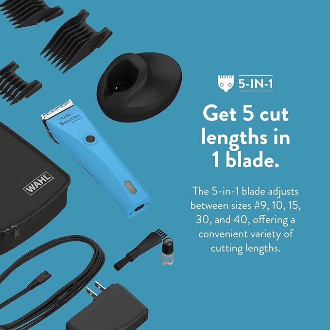 Wahl Professional Animal Bravura Lithium Ion Clipper, 41870-0438, Turquoise | Professional-Grade Pet Clippers for Grooming, 5-in-1 Fine Adjustable Blade, Perfect for Cats and Small to Medium-Sized Dogs