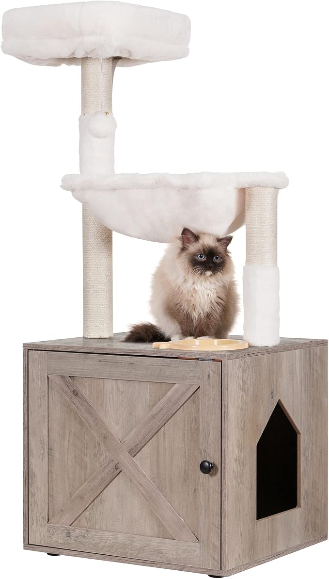 Hey-brother Cat Tree Tower, Litter Box Enclosure, Food Station, MPJ100SG | 47.24 Inches Wooden All-in-one Cat House, Large Hammock, Bed, Scratching Posts, Modern Style for Indoor Cats, Rustic Gray