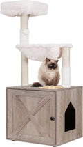 Hey-brother Cat Tree Tower, Litter Box Enclosure, Food Station, MPJ100SG | 47.24 Inches Wooden All-in-one Cat House, Large Hammock, Bed, Scratching Posts, Modern Style for Indoor Cats, Rustic Gray