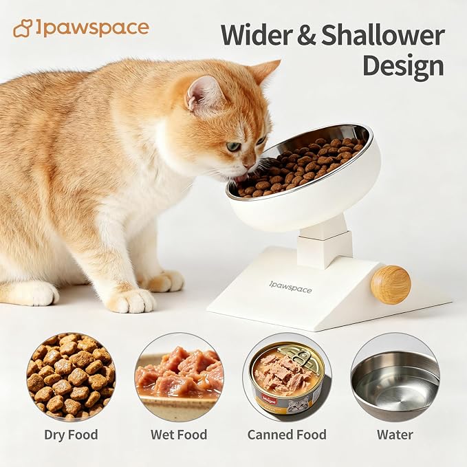 Raised Cat Bowl,Elevated Cat Bowl Stand with 3-Level Height,White | 5.6''/6.2''/6.8'' Height Elevated,0-17.5° tilt Neck-Friendly,25 OZ Large Capacity,304 Stainless Steel,Cats and Puppy