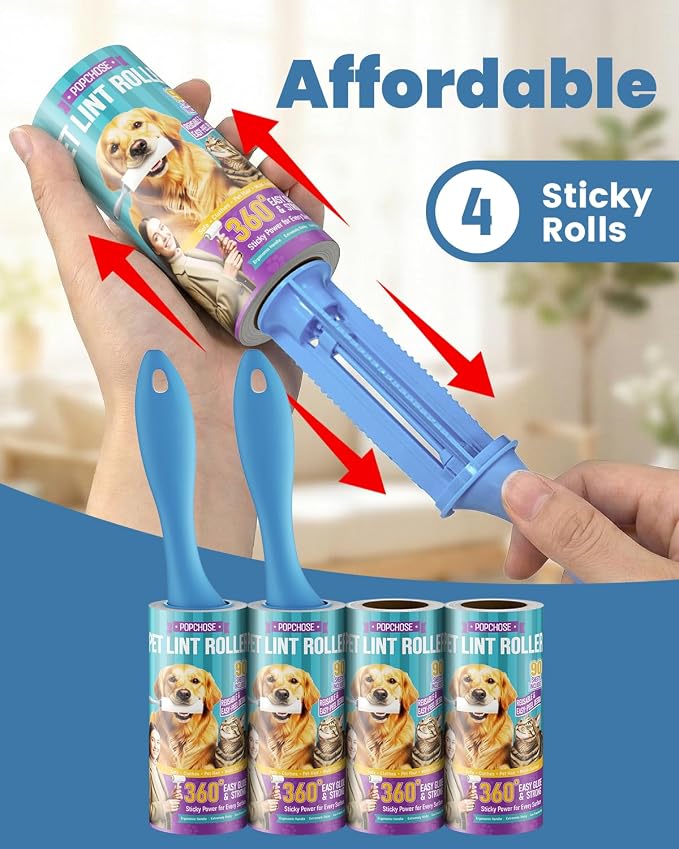 POPCHOSE Lint Roller for Pet Hair Extra Sticky, 360 Sheets with 2 Handles | Dog and Cat Hair Remover for Clothes, Furniture, Couch, Lint Roller for Carpet