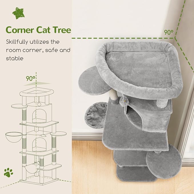 Globlazer Corner Cat Tree for Large Cats, 66inch Tall Curved Series Large Cat Tower for Multiple Indoor Cats with 6 Scratching Posts, 2 Spacious Cat Condos, Hammock, Hanging Basket, C66, Light Grey