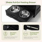 Dog Feeding Station with Storage Cabinet, Black Wood Dog Cabinet with 2 Elevated Stainless Steel Bowls, Hidden Pull-Out Feeder Drawer, Pet Feeding Station for Kitchen and Living Room