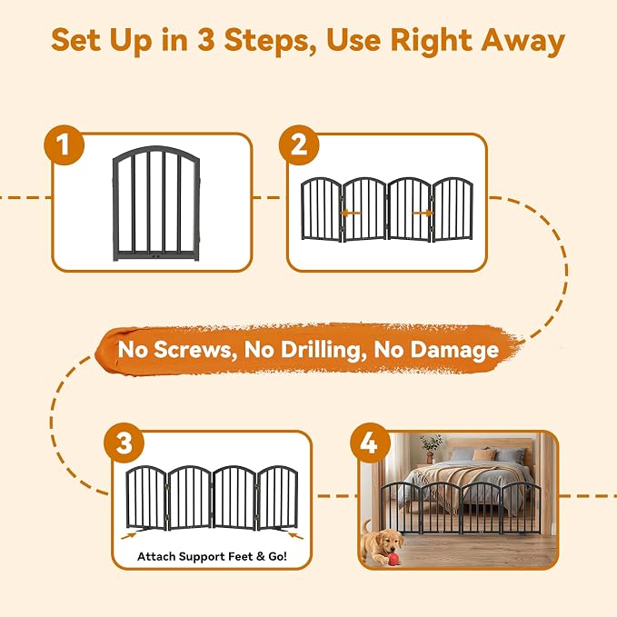 SNUOWU 16 Inch Full Metal Freestanding Short Dog Gate for Small Dogs, Foldable 4-Panel Pet Barrier, Expands Up to 48" Wide, Indoor Safety Fence for Doorway, Home & Stairs, Black