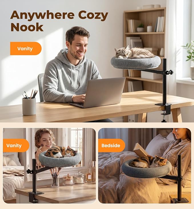 Cat Bed for Desk, 360° Rotating Adjustable Cat Perch, 44 lb, Home Office | Desk mount cat hammock, no-drill G-clamp, faux linen, washable cover, fits desktops up to 2.3 in, space saver, gray