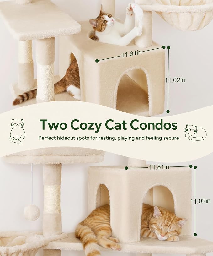 AMHANCIBLE 70 Inch Cat Tree for Large Cats, Multi-Level Cat Tower | Cat Houses & Tree Tower with 2 Condos, 8 Sisal Posts & Hammock for Indoor Cats Large Adult, Beige