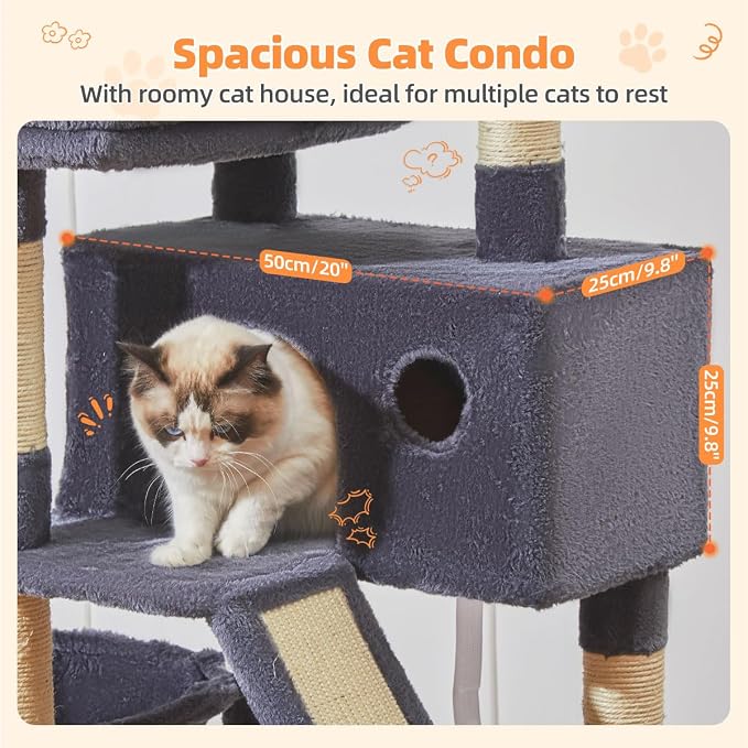 Taoqimiao Sturdy Cat Tree, 58In Cat Tower for Indoor Cats Large Adult | Spacious Cat Condo, 2 Cute Perches, Metal Frame Hammock, 1 Scratch Board, 8 Natural Sisal Posts, Basket, Smoky Gray, MS026G