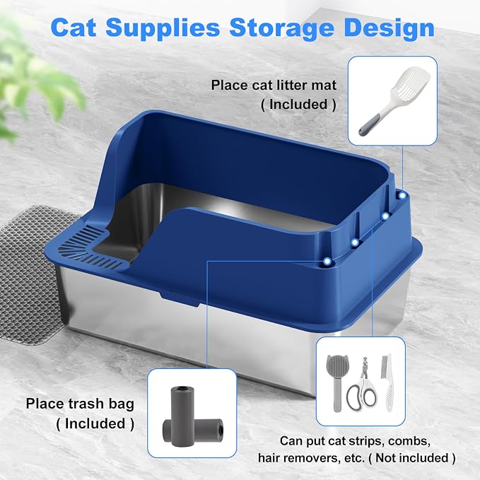 Non-Stick Stainless Steel Litter Box, XL Side Open Splash-Proof (Blue) | Leak-Proof Seamless Seal, Ellenpent Large Capacity, Cat Litter Box with Lid for Multi-Cats, Easy-Clean & Durable