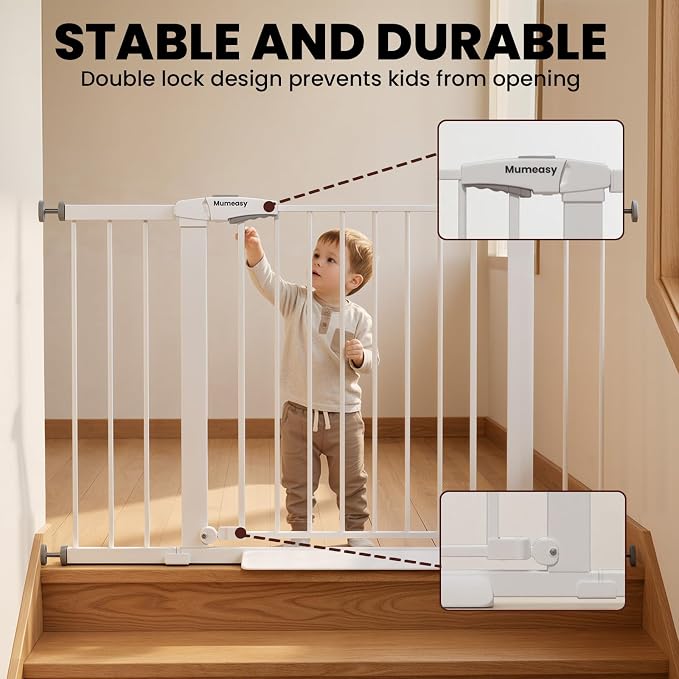 Mumeasy 29.7-46" Baby Gate, Stair Safety Gate for Round Banisters | Y spindle hardware, fits round banisters, no drill installation, auto close door, for babies toddlers and dogs