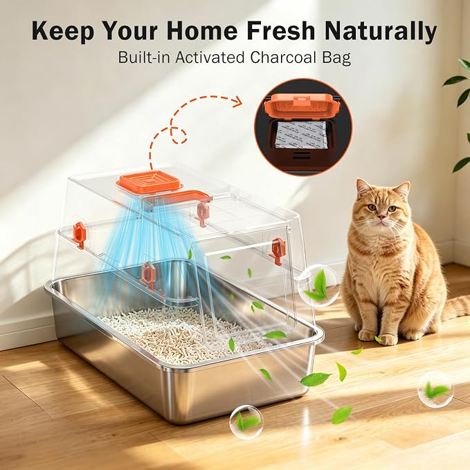 Stainless Steel Litter Box with Lid, Enclosed Metal Cat Litter Box with 120° Flip-Top & Built-in Handle, Easy Clean High-Sided Cat Pan with Cat Scoop Holder for Odor Control,Leak-Proof,Black