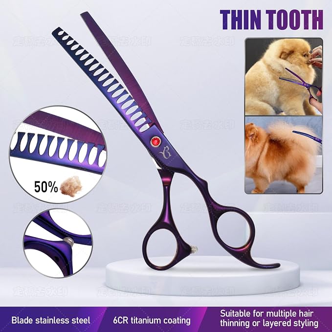 Dog Grooming Scissors,Purple Curved Chunkers Shears with Safety Round Tips,Sharp and Durable 6 in 1 Dog Scissors for Grooming