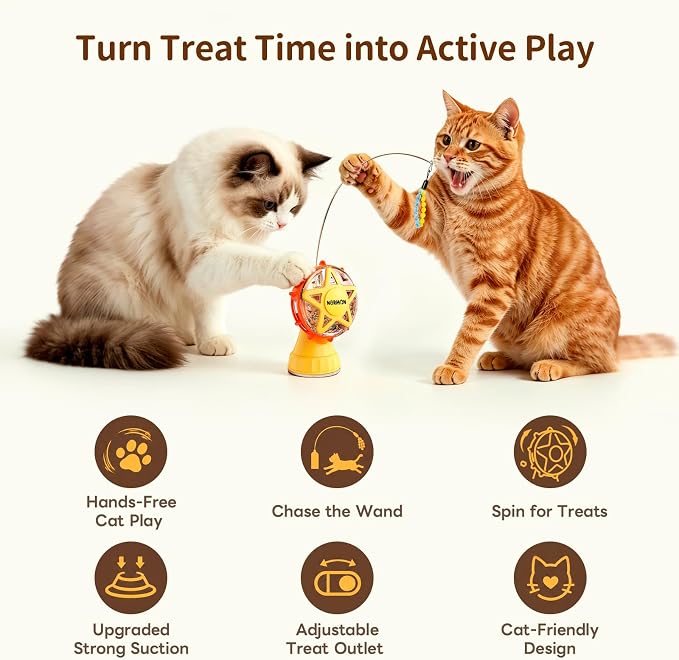 NORMON Cat Treat Dispenser, Ferris Wheel Puzzle Feeder Toy with Teaser Wand | Treat puzzle, washable stable base, rotating snack wheel, indoor cats, solo play, exercise, mental stimulation, boredom play.