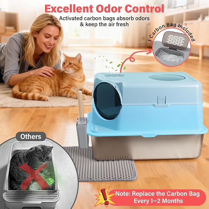 Extra Large XL Stainless Steel Litter Box with Lid, Light Grey | Front Entry Top Exit, Include Scoop and Mat, Odor-Free, Anti-Urine Leakage, Non-Sticky, Easy Cleaning
