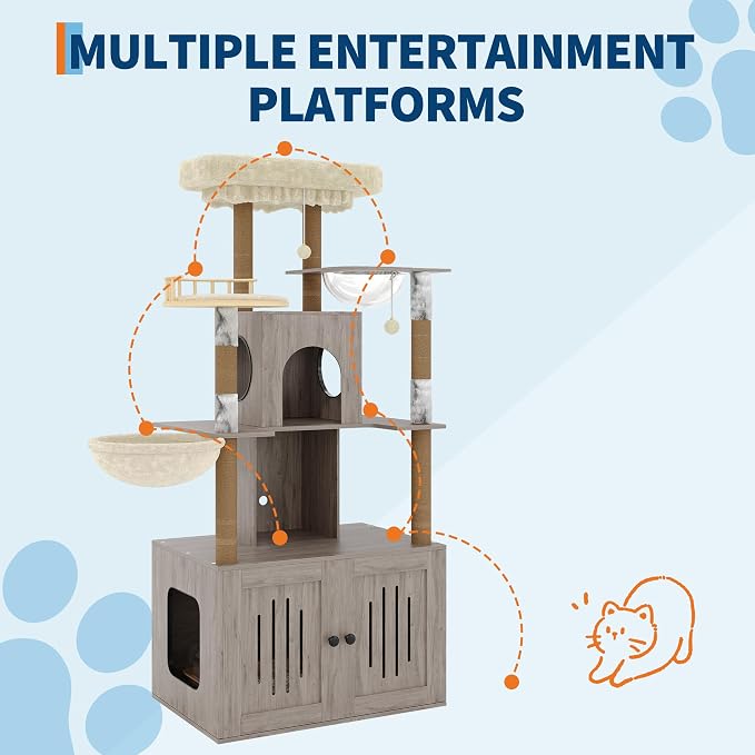 Cat Tree with Litter Box Enclosure, Multi-Level Cat Tower with Hidden Litter Box Furniture, Large Plush Top Perch, Sisal Scratching Posts, Cat Condo & Hammock for Indoor Cats, Living Room,Grey