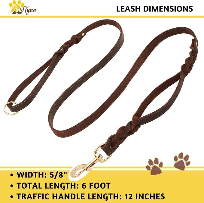 ADITYNA Leather Dog Leash with Traffic Handle, 6ft, Medium & Small Dogs | Heavy-duty braided leather leash, 5/8" width x 6ft, Double handle for extra control, ideal for training & busy sidewalks.