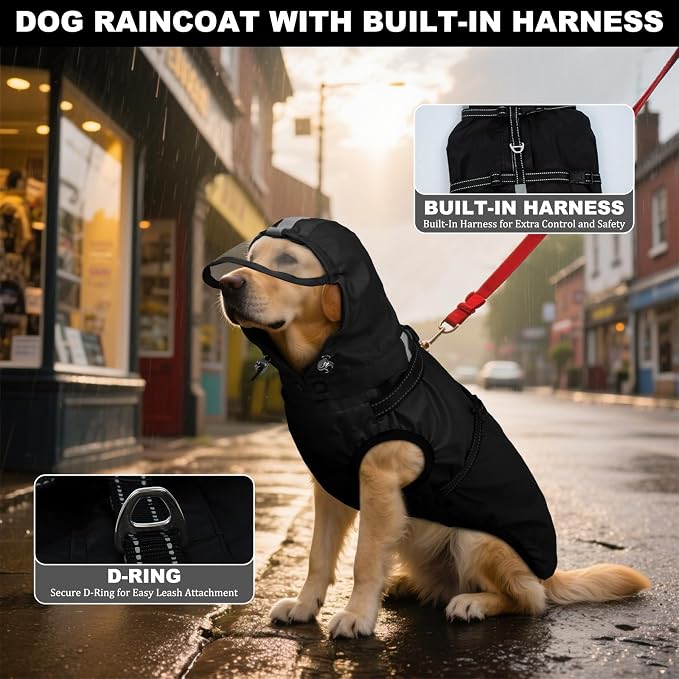 Dog Raincoat with Built-in Harness, Dog Rain Jacket with Clear Hood | Rain Coat For Gaint Dogs, Doggy Poncho With Leash Hole, Reflective Strips, For Rainy Snowy Weather Walks, Hiking Camping, 4XL