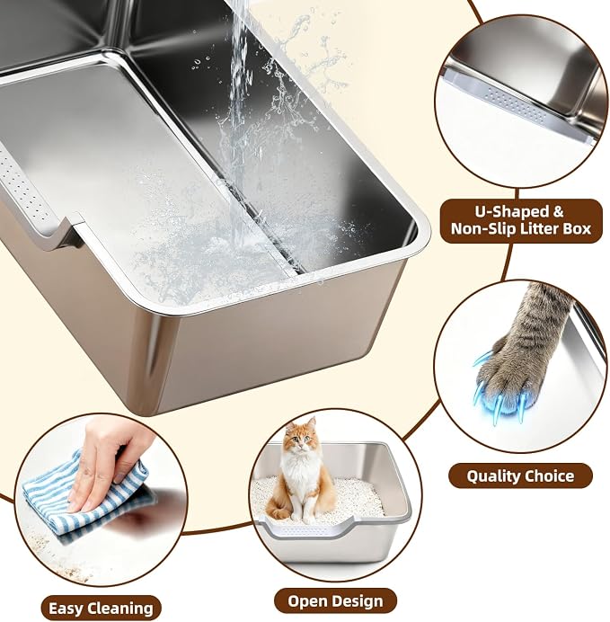 Stainless Steel Cat Litter Box, Steel Litter Pan with Curved Low Entry, Leak Proof 6 Inch High Side for Urine, Easy Entry for Kittens Older Cats, No Slip, 23.6" x 15.7" x 7.9", Silver
